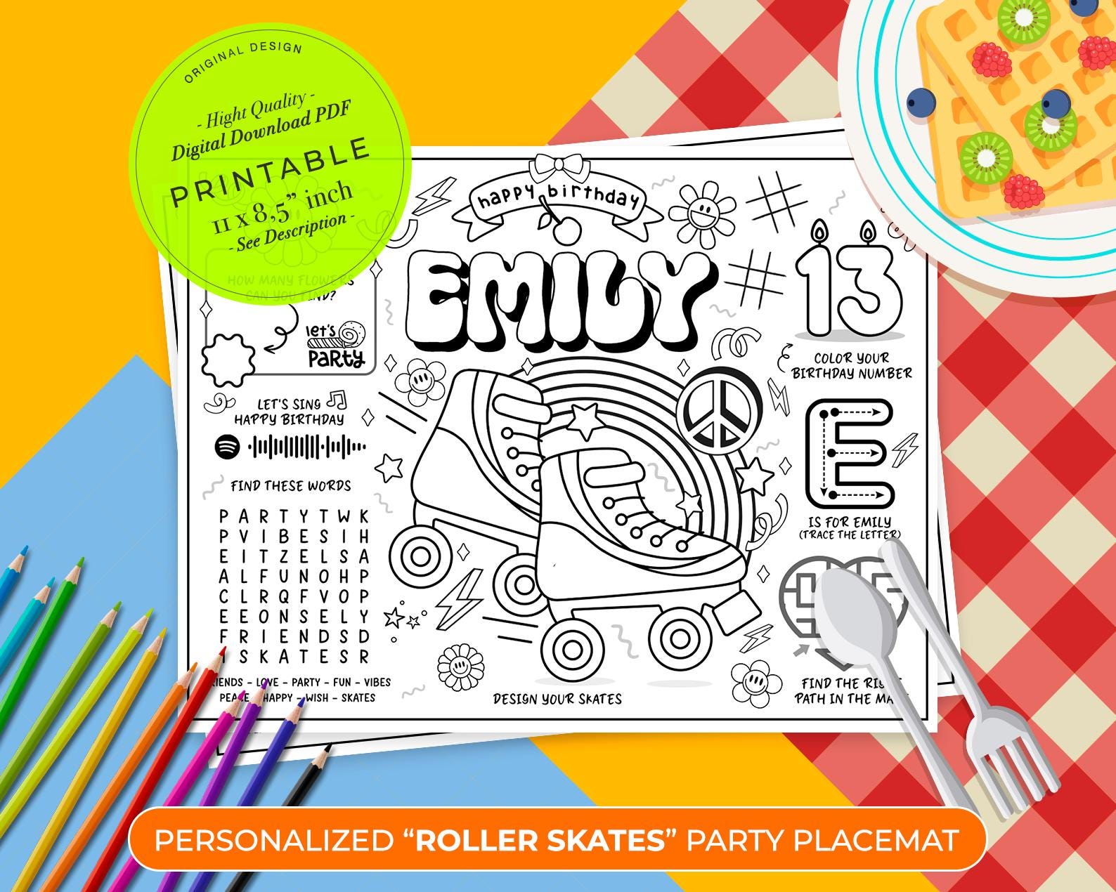 Roller Skate Party Placemat | Roller Blading Party | Groovy Vibes ...
