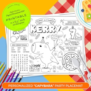 Arbeitsblatt für die Capybara-Geburtstagsparty | Capybara-Partygeschenk | Capybara-Mottoparty | Capybara Tischset zum Geburtstag | Capybara-Färbung