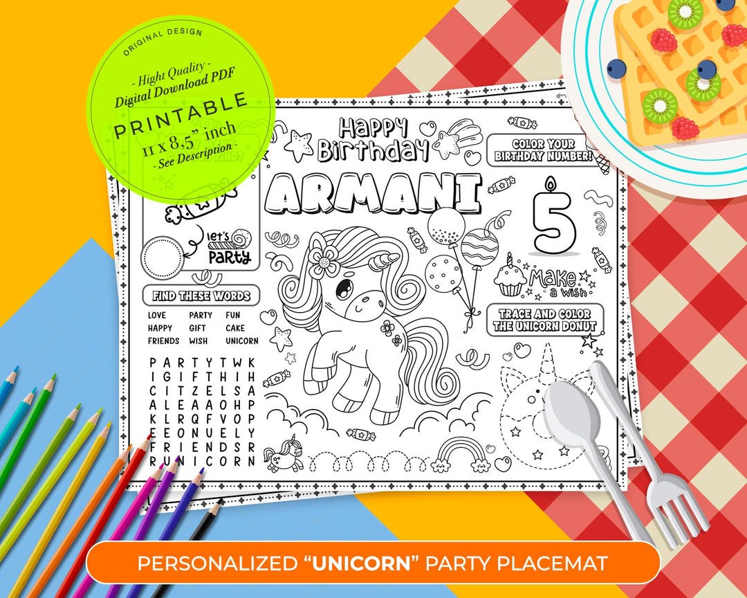 Unicorn Coloring Placemat | Unicorn Party | Girly Party | Printable ...