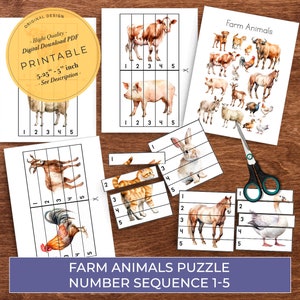 Farm animals Puzzle Number sequence 1-5, Montessori toddler printable activity, Puzzle, Number Sequence Puzzles, Count 1-5