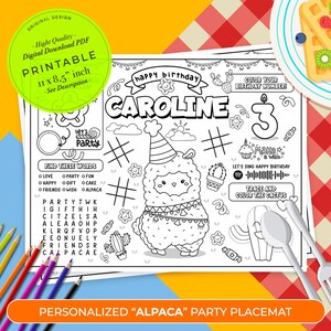 Alpaca Birthday Party Activity Sheet | Llama Party Coloring Kids Activity Sheet | Llama Cactus Party Favor | Personalized Party Placemat