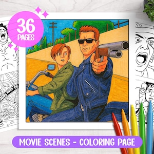 Puede incluir: Un libro para colorear de 36 páginas con escenas de películas. La portada muestra una ilustración coloreada de dos personas en una moto, una de ellas sosteniendo un arma. Las páginas circundantes muestran ilustraciones en blanco y negro. El texto "MOVIE SCENES - COLORING PAGE" está en la parte inferior.