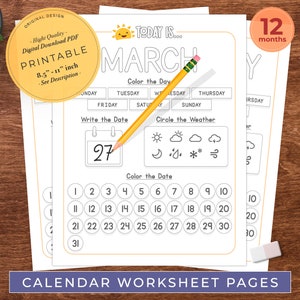 12 pages de feuille de travail de calendrier préscolaire imprimable, calendrier numérique mensuel, école à domicile interactive, mois, jour, date et météo