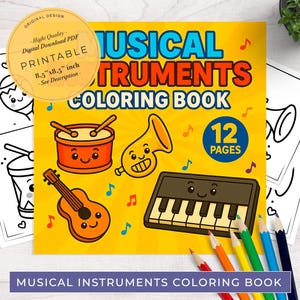 Musical Instruments Coloring Pages, 12 Coloring Pages, Guitar, Piano, Drums and more, Printable Instrument, Music Activity for Kids, PDF