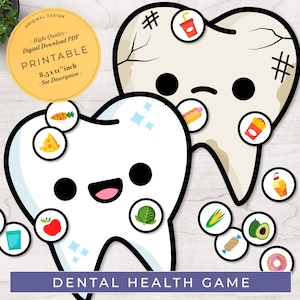 Puede incluir: Un juego de salud dental imprimible de 8,5 x 11 pulgadas para niños. El juego presenta dos dientes de dibujos animados, uno sano y otro con caries. El juego incluye varias imágenes de alimentos y bebidas para ayudar a los niños a aprender sobre los alimentos buenos y malos para sus dientes.