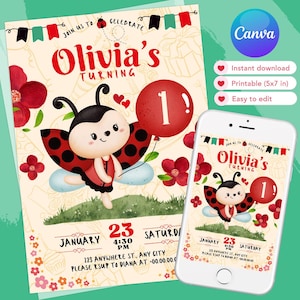 Fête d'anniversaire de coccinelle | Carte d'anniversaire coccinelle | Coccinelle comestible | Décorations de fête coccinelle | Téléchargement numérique de Coccinelle | invitations numériques