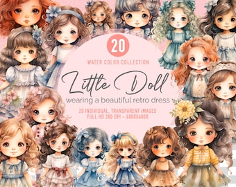 Little Doll Vintage Clipart, Boho Doll Clipart, Nursery Clipart, Girl's Birthday, Digital Watercolor. Scrapbook, junk journal