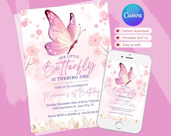 Editable Butterfly Birthday Invitation | Butterfly First Birthday Invitation l Butterfly Party | Birthday Invitation | Digital Invitation