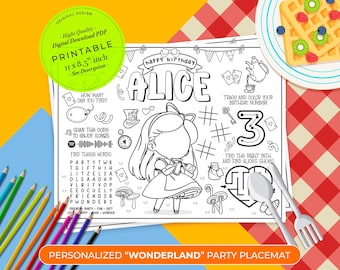 Gepersonaliseerde Alice in Wonderland placemats | Wonderland kleuren | Kinderactiviteit | Alice in Wonderland feestgunst | Feestactiviteitenblad