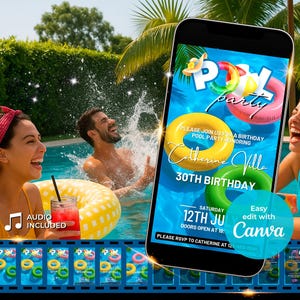 Puede incluir: Un smartphone muestra una invitación a una fiesta en la piscina con anillos inflables coloridos. La invitación dice "Pool Party" e incluye detalles para una celebración de cumpleaños. La gente se ríe y disfruta de una fiesta en la piscina con una bebida y un anillo inflable amarillo.