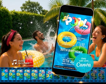 Pool Party Animated Invitation, Text Invitation, Pool Party Invitation, Summer Birthday Party Evite, Digital Invitation, Ecard Invite