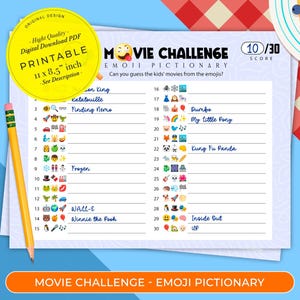 Filmy Emoji Pictionary | Gra Pictionary z emotikonami do wydrukowania | Gry Pictionary z Emoji i kreskówkami | Zgadnij tytuł filmu | Filmy dla dzieci