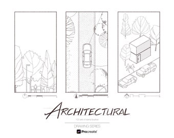 May include: Black and white line drawing illustrations of a house, a car on a road, and trees. The illustrations are part of a set of 100 stamp brushes for Procreate, called "Architectural Drawing Series".