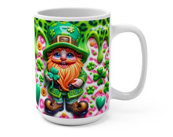 Gnome St Patrick's Day Mug, Lucky Irish Coffee Cup, Shamrock Tea Mug, Leprechaun Drinkware, Celtic Gift Mug, Green St Paddy's Day Decor
