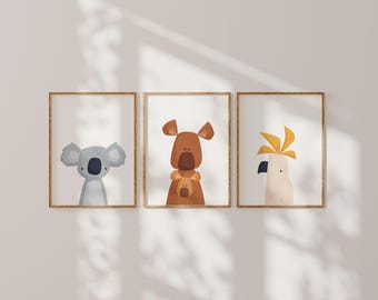 Australian Animal Wall Art Set | Aussie Nursery Prints | Koala Kangaroo Cockatoo Wombat | Kids Room Decor | Instant Download