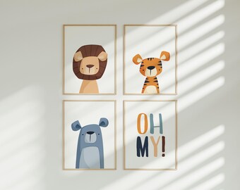 Lions and Tigers and Bears OH MY | Printable | Set of 4 Prints | Colourful Kid's Wall Art | Cute Art | Nursery Wall Decor | Instant Download