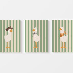May include: Three illustrations of geese on a green and white striped background. The geese are wearing different accessories: a cowboy hat, a bow, and a bandana.