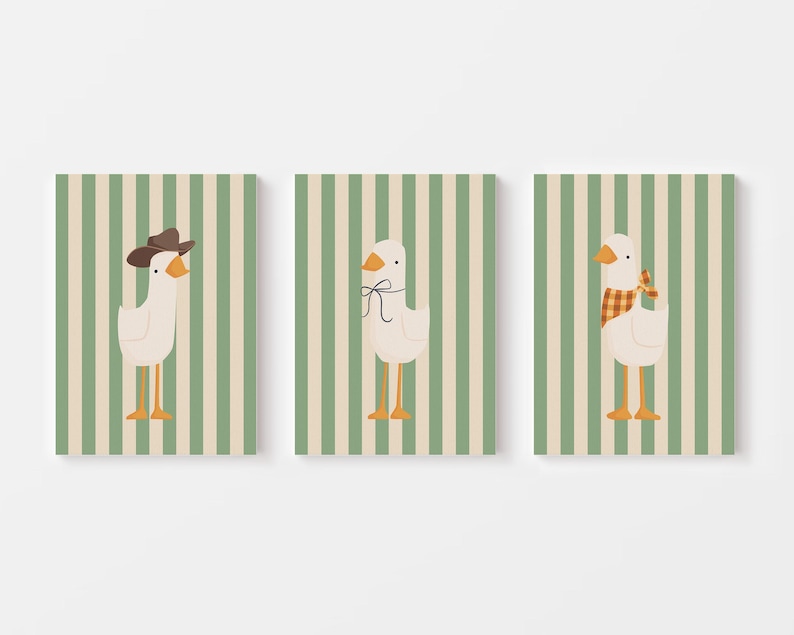May include: Three illustrations of geese on a green and white striped background. The geese are wearing different accessories: a cowboy hat, a bow, and a bandana.