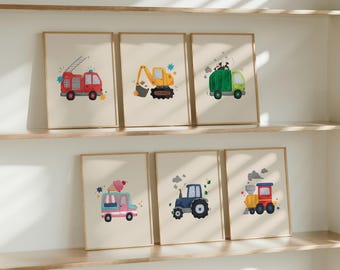 Vehicle Wall Art | Transport Nursery Decor | Fire Truck | Digger | Garbage Truck | Tractor Train | Set of 6 | Boys Print | Instant Download