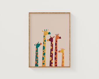 Giraffe Wall Art | Minimal Safari Animal Poster | Retro Nursery Wall Decor | Kid's Room | Colourful African Printable | Instant Download