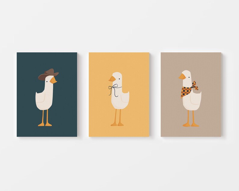 May include: Three illustrations of white geese with different accessories. The first goose is wearing a brown cowboy hat. The second goose is wearing a black bow. The third goose is wearing a red and black checkered bandana.