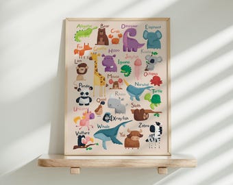 Animal Alphabet Poster | Bright Watercolour Animals | ABC Poster | Colourful Art | Kid's Wall Art | Nursery Wall Decor | Instant Download