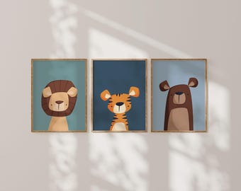 Lions and Tigers and Bears OH MY | Printable | Set of 3 Prints | Colourful Kid's Wall Art | Cute Art | Nursery Wall Decor | Instant Download