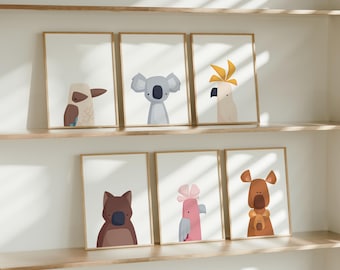 Conjunto de animales australianos / Animales australianos / Arte infantil colorido / Koala / Canguro / Cacatúa / Wombat / Decoración de pared para guardería / Descarga instantánea