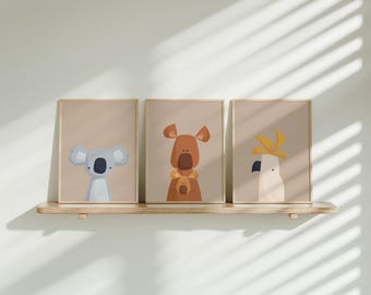 Conjunto de animales australianos / Animales australianos / Arte infantil colorido / Koala / Canguro / Cacatúa / Wombat / Decoración de pared para guardería / Descarga instantánea
