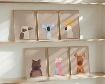 Conjunto de animales australianos / Animales australianos / Arte infantil colorido / Koala / Canguro / Cacatúa / Wombat / Decoración de pared para guardería / Descarga instantánea