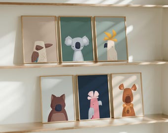 Australian Animal Wall Art Set | Colourful Aussie Nursery Prints | Koala Kangaroo Cockatoo Wombat | Kids Room Decor