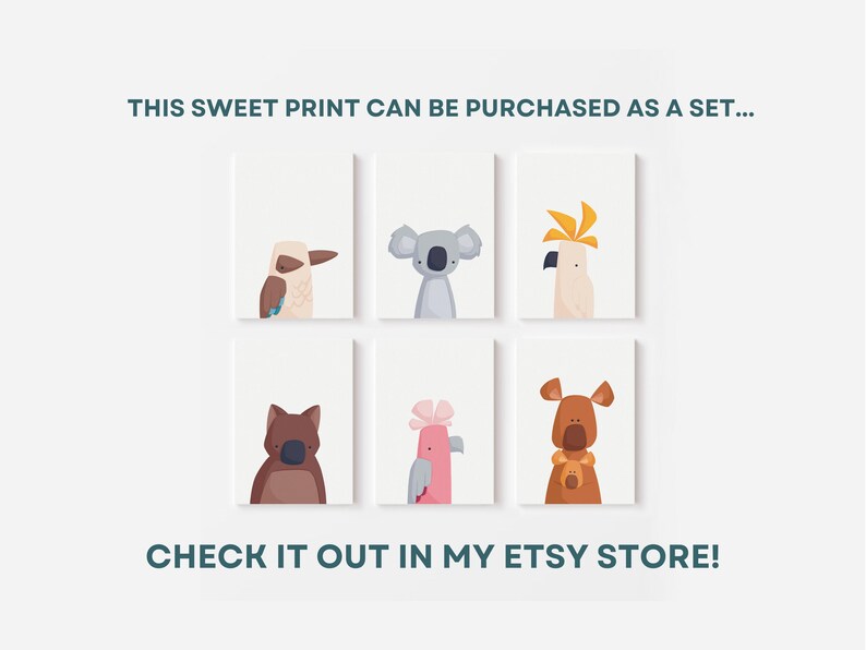 Puede incluir: Conjunto de seis estampados de animales ilustrados con un koala, un kookaburra, una cacat&uacute;a, un wombat, un cacat&uacute;a rosa y un dingo. Los estampados son de estilo minimalista con fondo blanco e ilustraciones de animales coloridas.