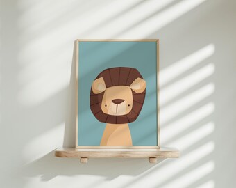 Lion Wall Art | Blue African Animal Poster | Jungle Animal Print | Colourful Kid's Art | Cute Lion | Nursery Wall Decor | Instant Download
