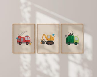 Vehicle Wall Art Set of 3 | Transport Nursery Prints | Fire Truck Digger Garbage Truck | Kids Room Decor | Instant Download