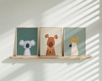 Australian Animal Wall Art Set | Aussie Animals Nursery Prints | Koala Kangaroo Cockatoo Wombat | Kids Room Decor