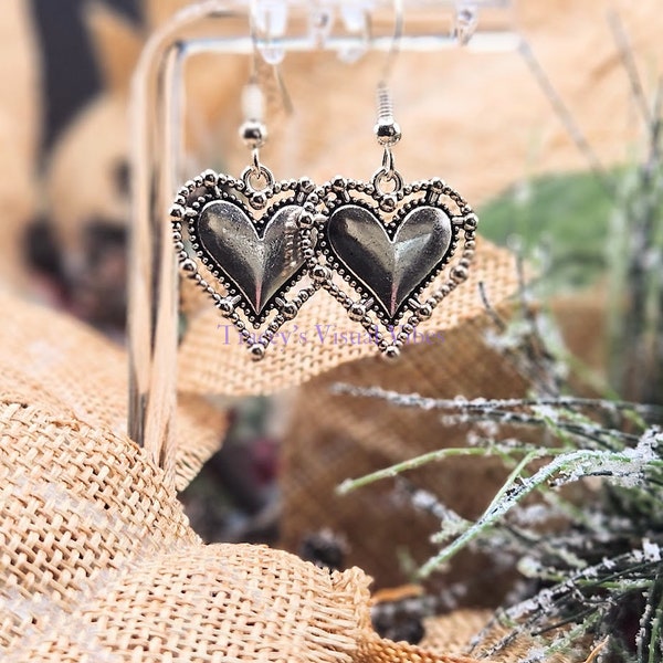 Gothic Hearts,  925 Silver Plated Low Sensitivity Hooks, Boho Jewelry, Fun Earrings Nature Earrings, Goth, Antique Silver Style Goth Earring