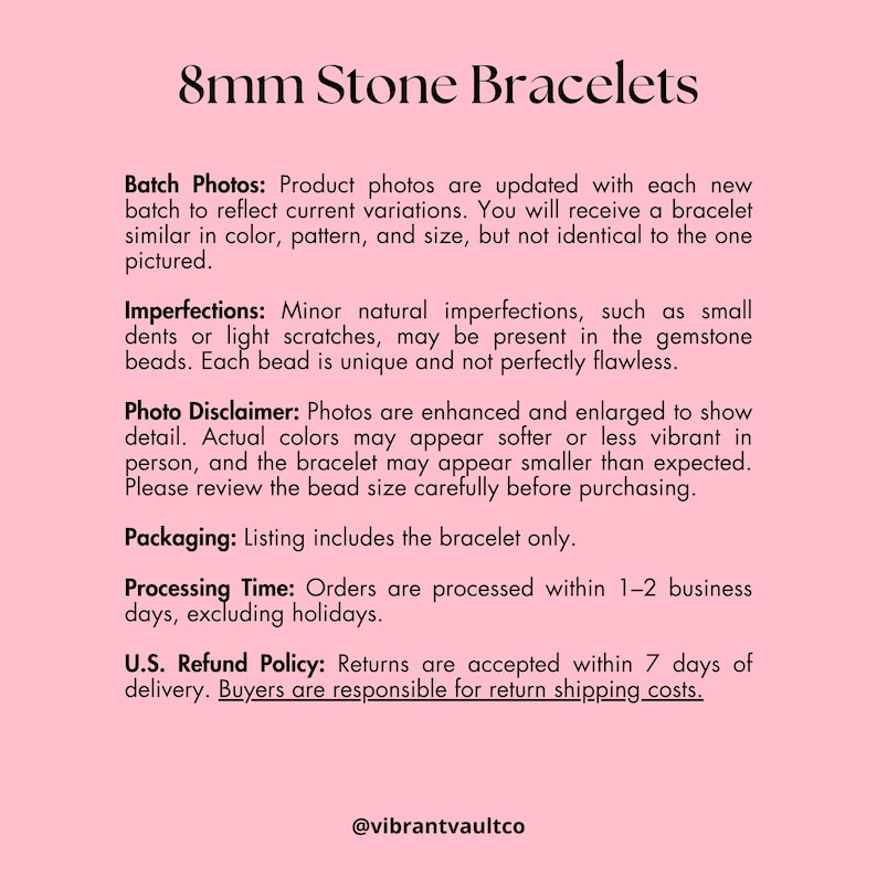 K&ouml;nnte beinhalten: Das Bild zeigt den Text "8mm Stone Bracelets" auf rosa Hintergrund. Zus&auml;tzlicher Text liefert Produktinformationen, einschlie&szlig;lich Chargenfotos, Unvollkommenheiten, Haftungsausschl&uuml;ssen f&uuml;r Fotos, Verpackung, Bearbeitungszeit und R&uuml;ckgabebedingungen. Der Verk&auml;ufername ist @vibrantvaultco.