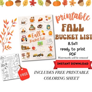 Könnte beinhalten: Ein druckbares Herbst-Bucket-List mit Illustrationen von Herbstaktivitäten, Kürbissen und Blättern. Der Text lautet "Fall Bucket List" und "Instant Download". Enthält ein kostenloses ausdruckbares Malblatt.