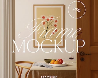 Rahmenmodell Esszimmer | ISO A DIN-Verhältnis | Dünner Holzrahmen | PSD Photoshop Photopea Mockup | Frame Mockup Mid-Century Minimal Home Interior