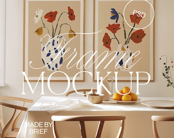 2 Bilderrahmen Mockup Esszimmer | ISO A DIN Ratio | Dünner Holzrahmen | PSD Photoshop Photopea Mockup | Bilderrahmen Mockup Home Interior Minimal Modern