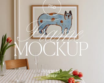 Spring Frame Mockup Dining Room | Horizontal Landscape Frame Thin Wood Frame | PSD Photoshop Photopea Mockup Minimal Modern Aesthetic