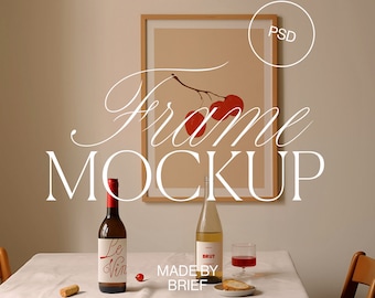 Frame Mockup Dining Room | ISO A DIN Ratio | Thin Wood Frame | PSD Photoshop Photopea Mockup | Frame Mockup Home Interior | Wine Table
