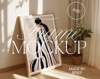 Rahmen Mockup auf Boden | ISO A DIN Ratio | Dünner Holzrahmen | PSD Photoshop Photopea Mockup | Bilderrahmen an Wand gelehnt Mockup Home Interior