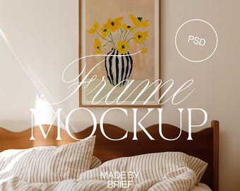 Frame Mockup in Bedroom | Frame Above Bed Mockup | ISO DIN A4 Frame Mockup Wood Frame | PSD Photoshop Photopea Minimal Modern Home Interior