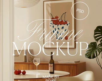 Rahmen Mockup Esszimmer | Vertikaler Rahmen DIN Ratio dünner Holzrahmen | PSD Photoshop Photopea Mockup Minimal Modernes Eclectic Interior Mockup