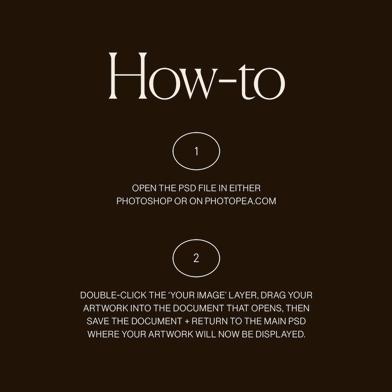 May include: How-to guide with two steps for adding artwork to a PSD file. Step 1: Open the PSD file in Photoshop or Photopea. Step 2: Double-click the 'Your Image' layer, drag your artwork into the document that opens, then save the document and return to the main PSD where your artwork will now be displayed.