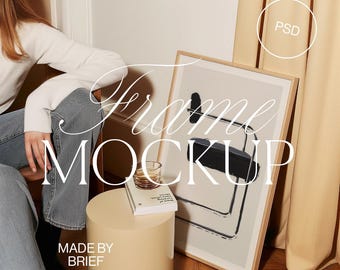 Frame on Floor Mockup With Person | Vertical DIN Ratio Wood Frame | PSD Photoshop Photopea Mockup | Cool Modern Trendy Aesthetic Mockups