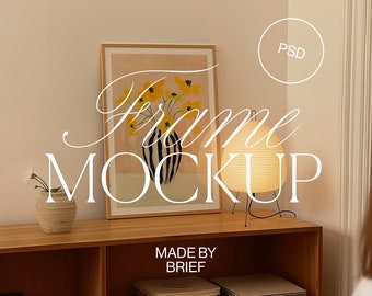 Frame Mockup At Night | ISO A DIN Ratio | Frame Mockup Lamp | PSD Photoshop Photopea Mockup | Frame Mockup Midcentury Minimal Home Interior