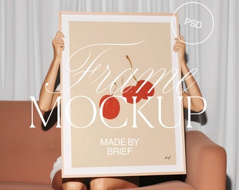 Frame Mockup With Person | ISO A DIN Ratio | Thin Wood Frame | PSD Photoshop Photopea Mockup | Person Holding Frame | Retro Frame Mockup