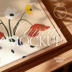 Närbildcanvasmockup | Flytande inramad canvasdetaljmockup | Texturcanvas DIN A-förhållande | PSD Photoshop Photopea-mockup | Minimalistisk modern